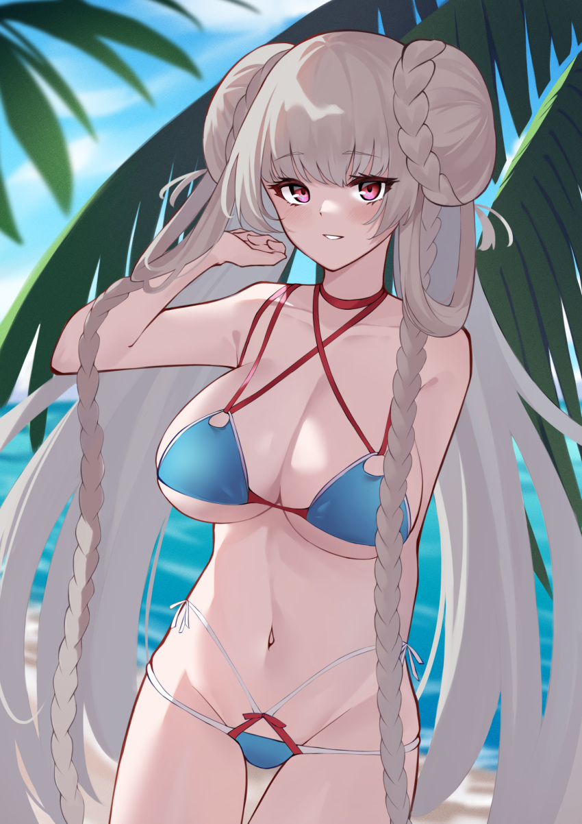 1girl azur_lane beach bikini blue_bikini braid braided_bun breasts cowboy_shot criss-cross_halter day formidable_(azur_lane) formidable_(the_lady_of_the_beach)_(azur_lane) grey_hair hair_bun halterneck hand_in_own_hair highres huge_breasts long_hair looking_at_viewer multi-strapped_bikini navel official_alternate_costume outdoors purple_eyes sand smile solo summer swimsuit thigh_gap twin_braids very_long_hair waka_(user_unuj5373) water