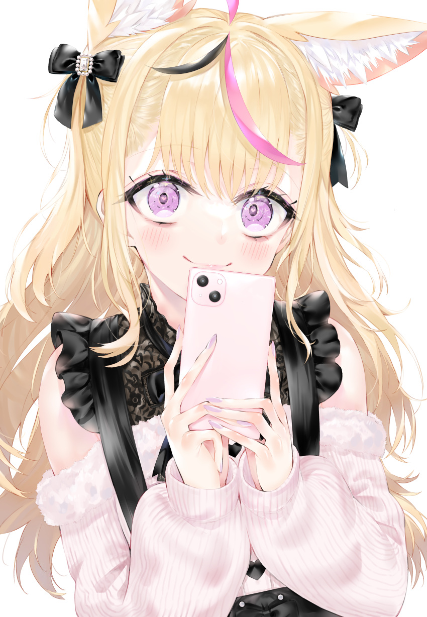 1girl absurdres ahoge animal_ear_fluff animal_ears bangs black_bow black_hair blonde_hair blush bow cellphone closed_mouth extra_ears fox_ears hair_bow highres holding holding_phone hololive kou_mashiro long_hair long_sleeves looking_at_viewer multicolored_hair omaru_polka phone pink_hair pink_sweater puffy_long_sleeves puffy_sleeves purple_nails simple_background smartphone smile solo streaked_hair sweater upper_body virtual_youtuber white_background