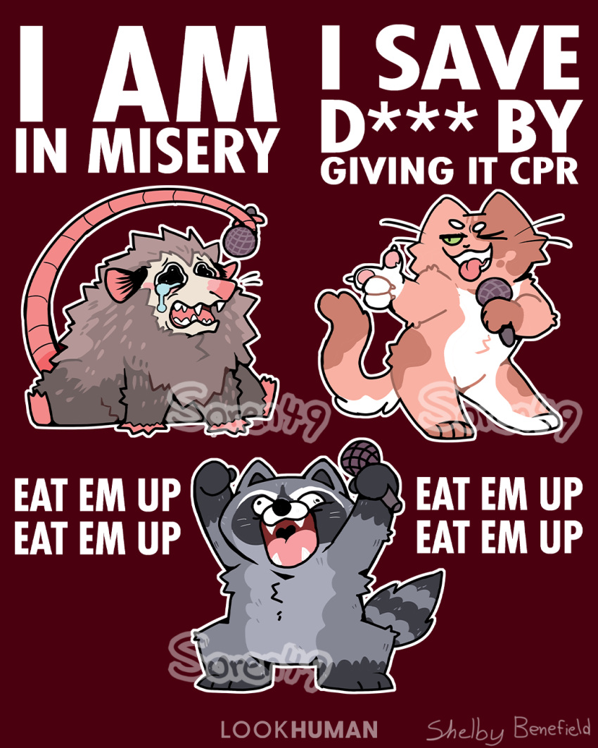 ambiguous_gender bodily_fluids crying dialogue domestic_cat english_text felid feline felis fluffy group hi_res mammal marsupial microphone misery_x_cpr_x_reese's_puffs open_mouth phalangeriform procyonid raccoon red_background simple_background singing soren-49 tears text trio whiskers