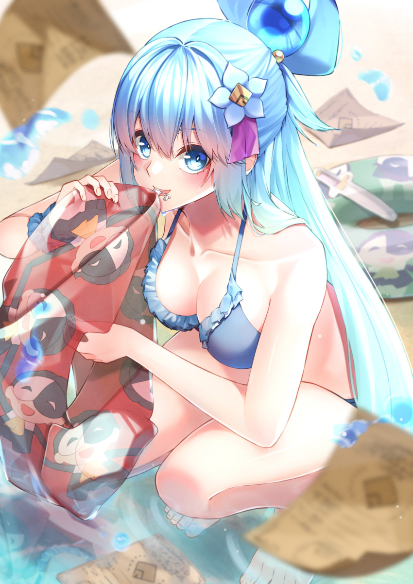 1girl absurdres aqua_(konosuba) bare_arms bare_legs barefoot beach bikini blue_bikini blue_eyes blue_hair blush breasts cleavage collarbone eyelashes fingernails flower frilled_bikini frills fringe_trim full_body hair_between_eyes hair_flower hair_ornament hair_rings halterneck highres innertube kono_subarashii_sekai_ni_shukufuku_wo! large_breasts long_hair looking_at_viewer open_mouth paper red_innertube sarasara_shoyu sideboob sidelocks single_hair_ring smile soaking_feet solo squatting summer swimsuit thighs very_long_hair white_flower