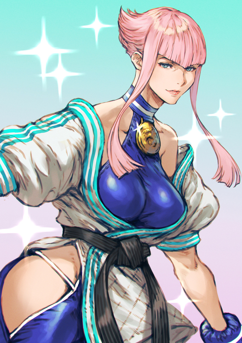 1girl aqua_eyes bangs bare_shoulders belt black_belt blue_leotard blunt_bangs breasts clothing_cutout collar commentary dougi halterneck highres large_breasts leotard looking_at_viewer makimura_shunsuke manon_(street_fighter) martial_arts_belt pink_hair short_hair_with_long_locks solo street_fighter street_fighter_6 thigh_cutout