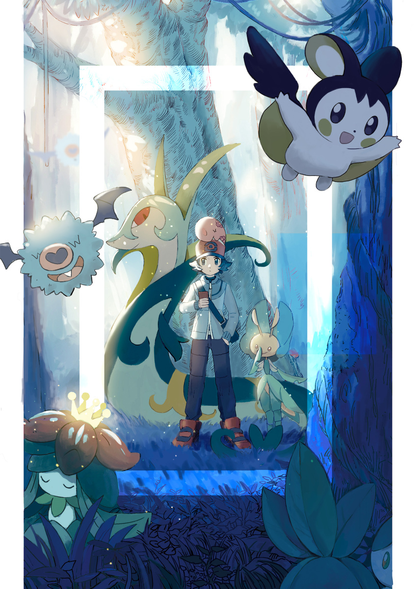 1boy :/ absurdres black_bag black_eyes black_hair black_pants blue_jacket blueock closed_mouth creature_on_head emolga flat_cap forest grass hand_in_pocket hat highres hilbert_(pokemon) holding holding_phone jacket leavanny lilligant long_sleeves munna nature outdoors pants petilil phone pokemon pokemon_(creature) pokemon_(game) pokemon_bw red_footwear red_headwear serperior shoes short_hair sideways_glance tree wide_shot woobat