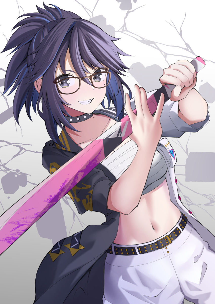 1girl belt black-framed_eyewear black_belt black_choker black_jacket blue_eyes blue_hair breasts chest_sarashi choker cleavage forza_ferrari glasses highres holding holding_sword holding_weapon jacket kson large_breasts long_hair mole mole_under_eye multicolored_clothes multicolored_hair multicolored_jacket navel pants ponytail purple_hair sarashi souchou spiked_belt spiked_choker spikes streaked_hair sword two-tone_jacket virtual_youtuber vshojo weapon white_jacket white_pants