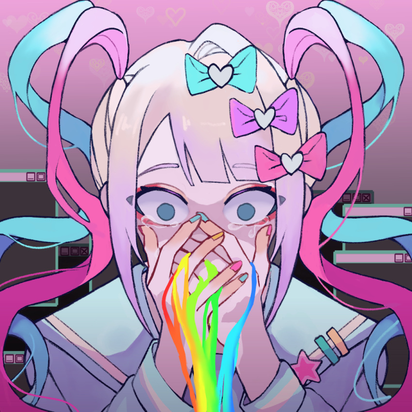 1girl bangs blue_bow blue_eyes blue_hair blue_nails blue_shirt bow chouzetsusaikawa_tenshi-chan hair_bow long_hair long_sleeves looking_down multicolored_hair multicolored_nails needy_girl_overdose pink_bow pink_hair pink_nails purple_bow quad_tails sailor_collar school_uniform serafuku shinning-sky shirt solo twintails upper_body vomiting vomiting_rainbows wide-eyed window_(computing) yellow_nails