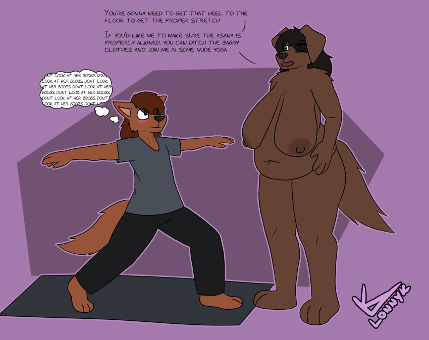ambiguous_gender anthro big_breasts bird_dog blush breasts canid canine canis casual_nudity dialogue domestic_dog duo english_text female hi_res huge_breasts hunting_dog labrador lani_(lonnyk) lonnyk mammal mature_female overweight overweight_female retriever sagging_breasts sonia_(lonnyk) text yoga yoga_mat