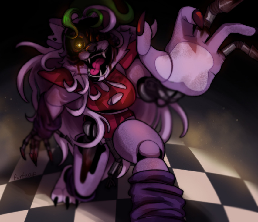 animatronic anthro armwear big_breasts black_background black_nails bottomwear breasts canid canine canis checkered_floor cheek_tuft clothing colored_nails exposed_endoskeleton facial_tuft fangs female five_nights_at_freddy's five_nights_at_freddy's:_security_breach furtyap glowing glowing_eyes green_highlights hair highlights_(coloring) legwear long_hair long_nails looking_at_viewer machine mammal nails open_mouth purple_armwear purple_body purple_clothing purple_legwear red_bottomwear red_clothing red_topwear robot robot_gore roxanne_wolf_(fnaf) scottgames sharp_nails shattered_roxanne_wolf_(fnaf) shoulder_pads simple_background solo topwear torn_clothing tuft video_games white_hair wolf yellow_eyes
