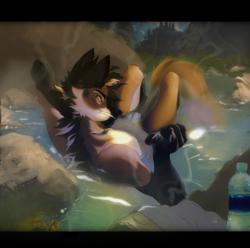 ambiguous_gender anthro canid canine hi_res hot_spring karidas_(rexroyale) male mammal maned_wolf sensualcerberus solo water