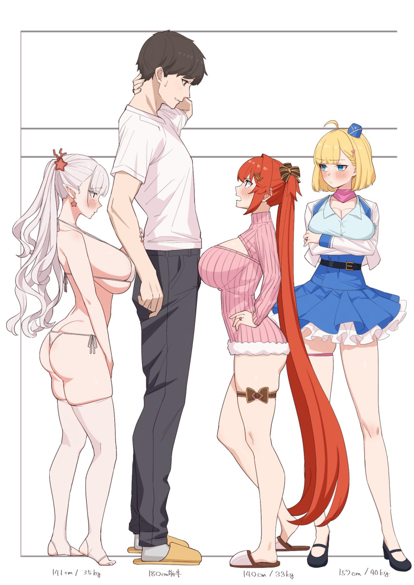1boy 3girls ahoge arms_under_breasts bangs belt bikini black_footwear black_pants blonde_hair blue_eyes blue_shirt blue_skirt blush bow breasts brown_hair character_request closed_mouth commentary_request cropped_jacket crossed_arms curvy draculina_(last_origin) earrings garrison_cap grey_hair griffon_(last_origin) hair_bow hair_ornament hairclip hand_on_own_neck hand_up hands_on_hips hands_up hat height_chart height_difference highres holding_another's_arm jacket jewelry large_breasts last_origin leg_ribbon long_hair looking_at_another looking_down looking_to_the_side looking_up may_of_doom meme_attire miman_(hasutaro_stream) multiple_girls official_alternate_costume open-chest_sweater open_mouth pants pink_sweater red_hair ribbed_sweater ribbon ring shirt shoes short_hair short_sleeves side-tie_bikini_bottom sidelocks simple_background skirt slippers socks standing star_(symbol) star_earrings stirrup_legwear sweater swimsuit thighhighs toeless_legwear twintails very_long_hair white_background white_bikini white_jacket white_shirt white_thighhighs yellow_footwear