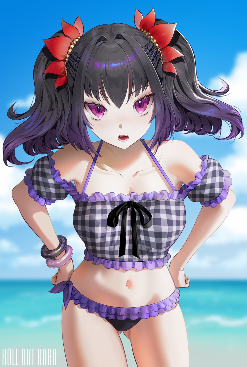 1girl absurdres beach bikini blue_sky bracelet braid cloud collarbone commission day frilled_swimsuit frills hair_ornament hands_on_hips highres jewelry looking_at_viewer mole mole_under_eye ocean open_mouth outdoors purple_eyes purple_hair roll_out_road saimon_(tales) sky solo swimsuit tales_of_(series) tales_of_zestiria thighs toenails twintails water