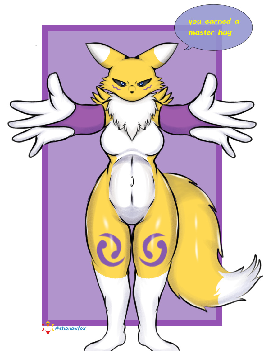 absurd_res anthro armwear bandai_namco breasts bridal_gauntlets canid canine canis clothed clothing digimon digimon_(species) female fluffy fluffy_hair fluffy_tail fox_tail hair hi_res hug_invitation looking_at_viewer mammal mostly_nude renamon skade_(artist) solo spread_arms spread_legs spreading wide_hips