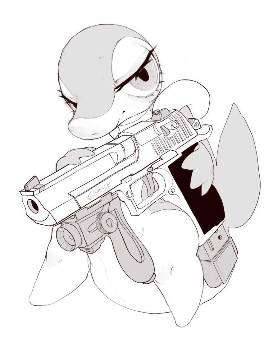 3:4 ambiguous_gender anthro azre big_tail blush desert_eagle eyelashes fin foregrip generation_5_pokemon greyscale gun half-closed_eyes handgun hi_res holding_object holding_weapon magazine_(gun) monochrome narrowed_eyes nintendo pistol pokemon pokemon_(species) ranged_weapon snivy solo tail_fin video_games weapon