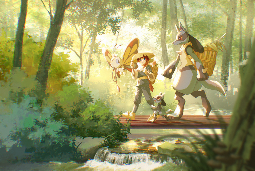 1girl ajirogasa basket beautifly big-starfish blue_pants blue_shirt bush chinese_commentary closed_mouth commentary_request forest hand_on_headwear hat highres long_hair lucario nature original outdoors pants pokemon pokemon_(creature) pokemon_(game) pokemon_legends:_arceus ponytail red_hair riolu river shaymin shaymin_(land) shirt smile tree walking water wide_shot wooden_bridge