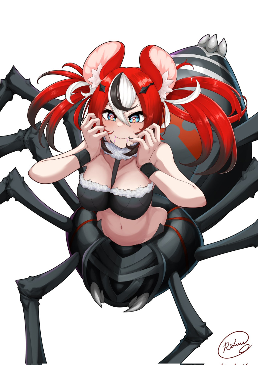 1girl animal_ears arachne arthropod_girl black_hair blue_eyes breasts cleavage hair_ornament hakos_baelz highres hololive hololive_english monster_girl monsterification mouse_ears multicolored_hair red_hair rlus smile solo spider_girl streaked_hair taur twintails virtual_youtuber white_hair