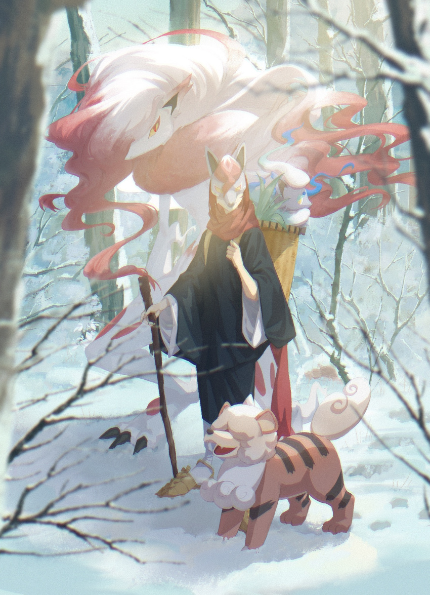 1girl alternate_color bare_tree basket big-starfish black_robe cane chinese_commentary commentary_request forest fox_mask highres hisuian_growlithe hisuian_zoroark hisuian_zorua holding holding_cane holding_strap long_sleeves mask nature original outdoors pokemon pokemon_(creature) red_hair red_scarf robe scarf shiny_pokemon snow tree wide_sleeves