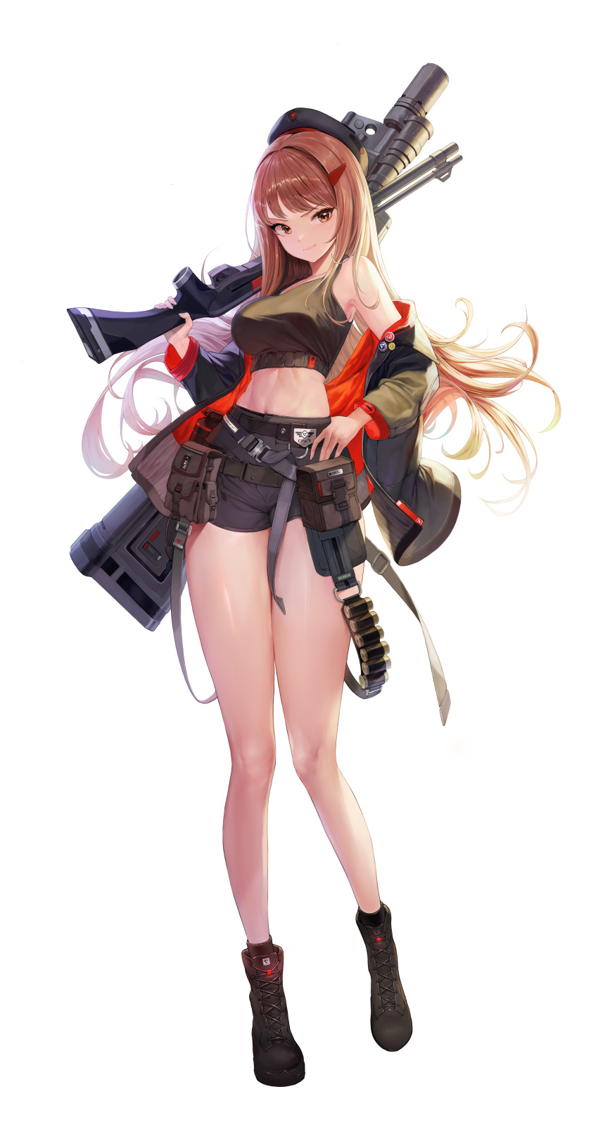 1girl absurdres bandolier bangs bare_shoulders belt beret black_footwear black_headwear black_shorts boots breasts brown_eyes brown_hair camisole combat_boots crop_top grenade_launcher gun hair_ornament hairclip hand_on_hip hat high-waist_shorts highres holding holding_gun holding_weapon jacket long_hair looking_at_viewer medium_breasts midriff navel neon.c open_clothes open_jacket original over_shoulder short_shorts shorts shotgun shotgun_shell simple_background smile solo standing toned utility_belt weapon weapon_over_shoulder white_background wide_sleeves