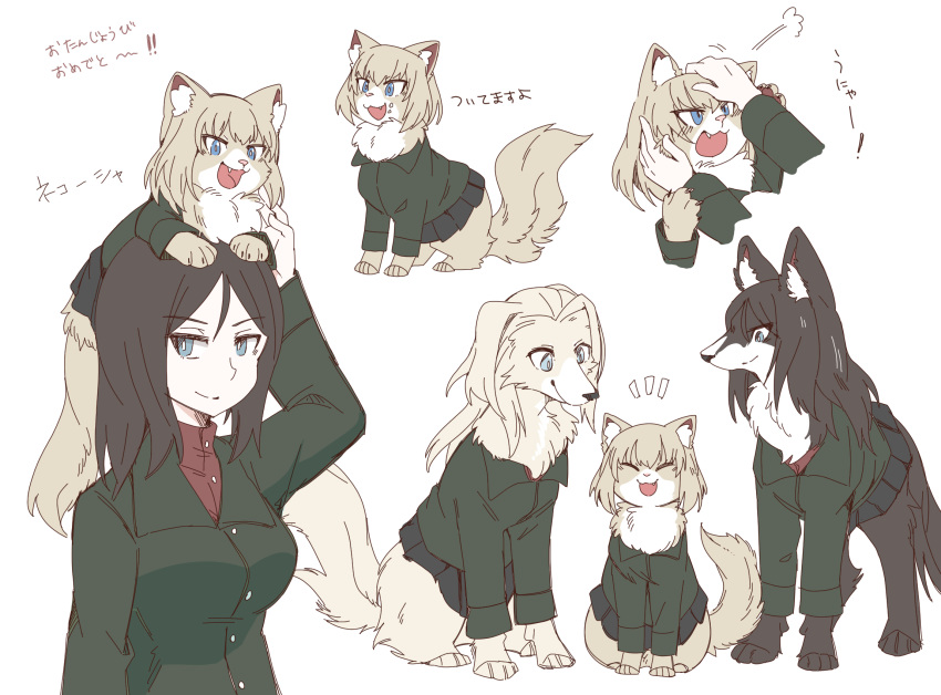 1girl animal_on_head animalization arm_up bangs black_hair black_skirt blonde_hair blue_eyes bob_cut cat clara_(girls_und_panzer) closed_eyes closed_mouth commentary cropped_arms cropped_torso dog fang food food_on_face fume girls_und_panzer green_jacket hasekura_(hachinochun) highres jacket katyusha_(girls_und_panzer) long_hair long_sleeves looking_at_another looking_at_viewer nonna_(girls_und_panzer) notice_lines on_head open_mouth petting pleated_skirt pravda_school_uniform red_shirt school_uniform shirt short_hair simple_background skirt smile swept_bangs translation_request turtleneck white_background