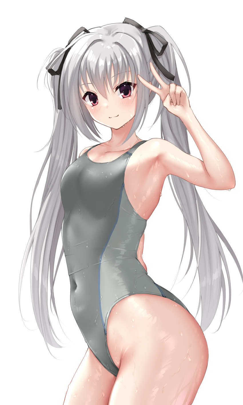 1girl absurdres breasts competition_swimsuit cowboy_shot dracu-riot! elena_olegovna_owen grey_hair grey_one-piece_swimsuit hair_ribbon highres long_hair looking_at_viewer medium_breasts ncontrail_(mgax7527) one-piece_swimsuit red_eyes ribbon simple_background smile solo swimsuit twintails two-tone_swimsuit white_background
