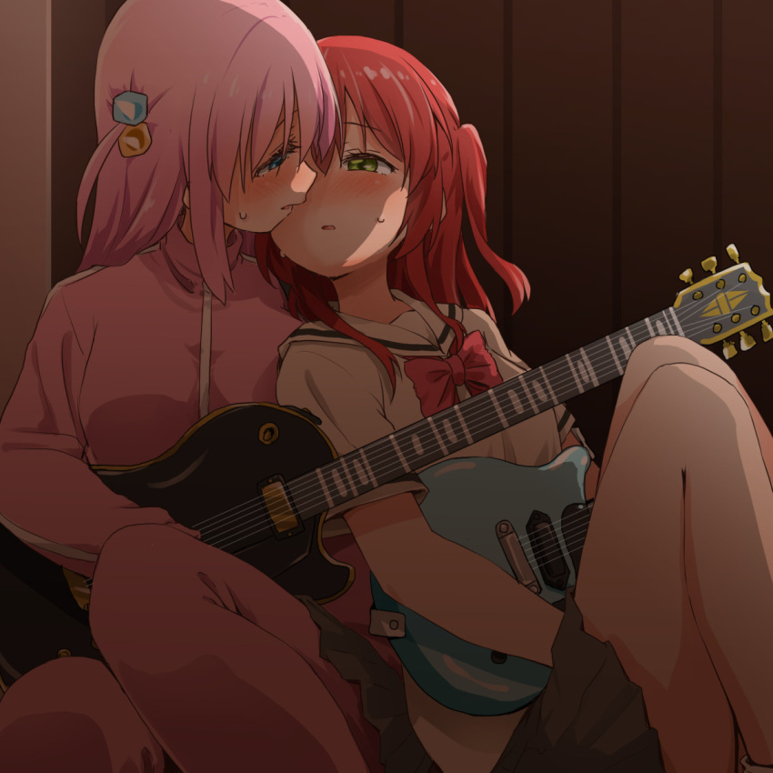 2girls bangs blue_eyes blush bocchi_the_rock! bow breasts commentary_request cube_hair_ornament electric_guitar embarrassed gibson_les_paul gotou_hitori guitar hair_between_eyes hair_ornament head_on_another's_shoulder highres holding holding_instrument imminent_kiss indoors instrument jacket kagiana kita_ikuyo leaning_on_person legs_folded long_hair looking_at_another medium_breasts medium_hair miniskirt multiple_girls neckerchief open_mouth pants parted_lips pink_hair pink_jacket pink_pants pleated_skirt ponytail red_hair school_uniform serafuku side_ponytail sitting skirt small_breasts sweat sweatdrop thighs track_jacket yellow_eyes yuri