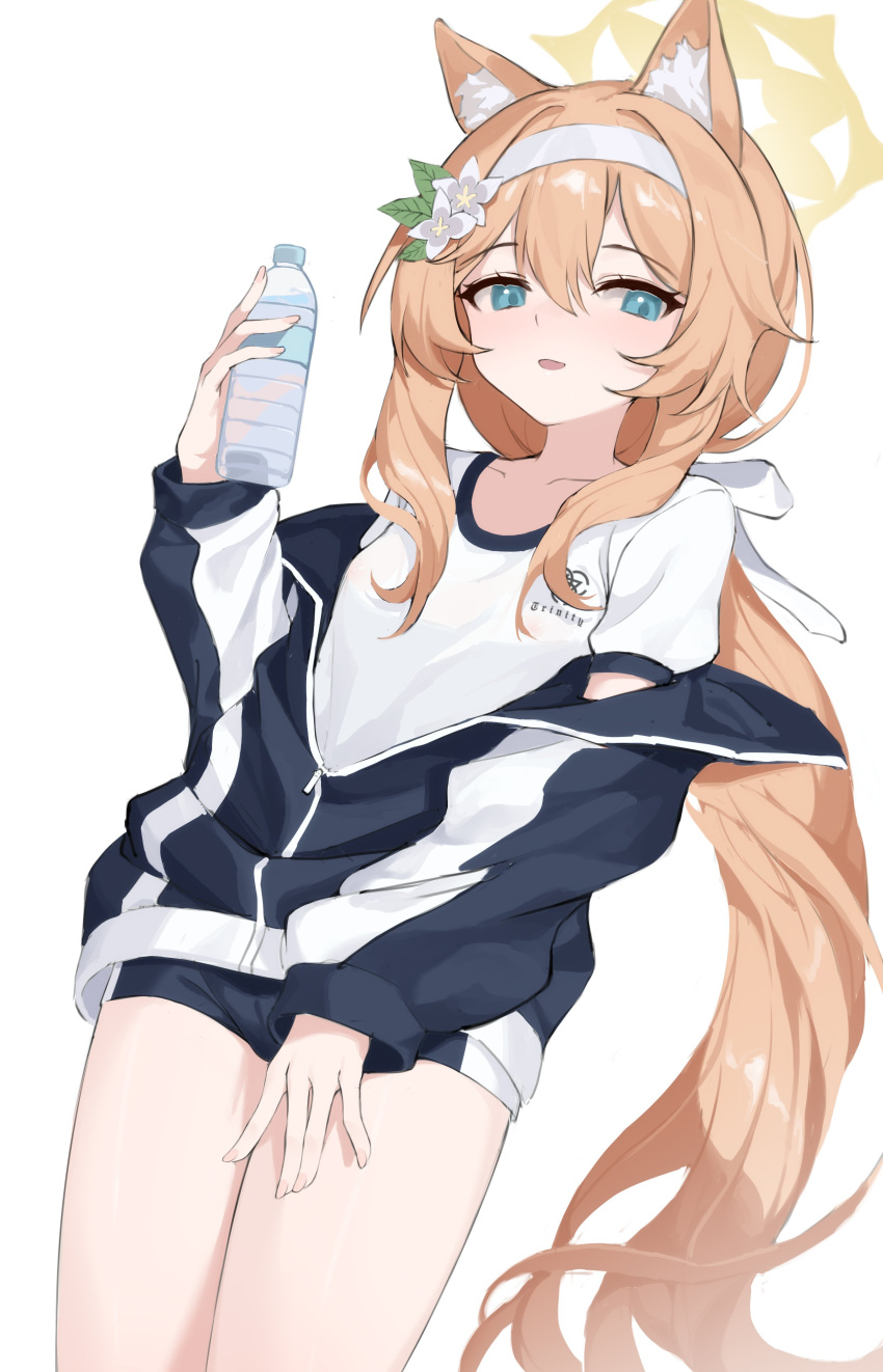 absurdres animal_ears blue_eyes bottle cat_ears flower gym_shorts gym_uniform hair_flower hair_ornament hair_ribbon hairband halo highres long_hair looking_at_viewer mari_(blue_archive) mari_(gym_uniform)_(blue_archive) open_mouth orange_hair ponytail ribbon shirt short_sleeves shorts very_long_hair water_bottle white_shirt yume_(454565427)