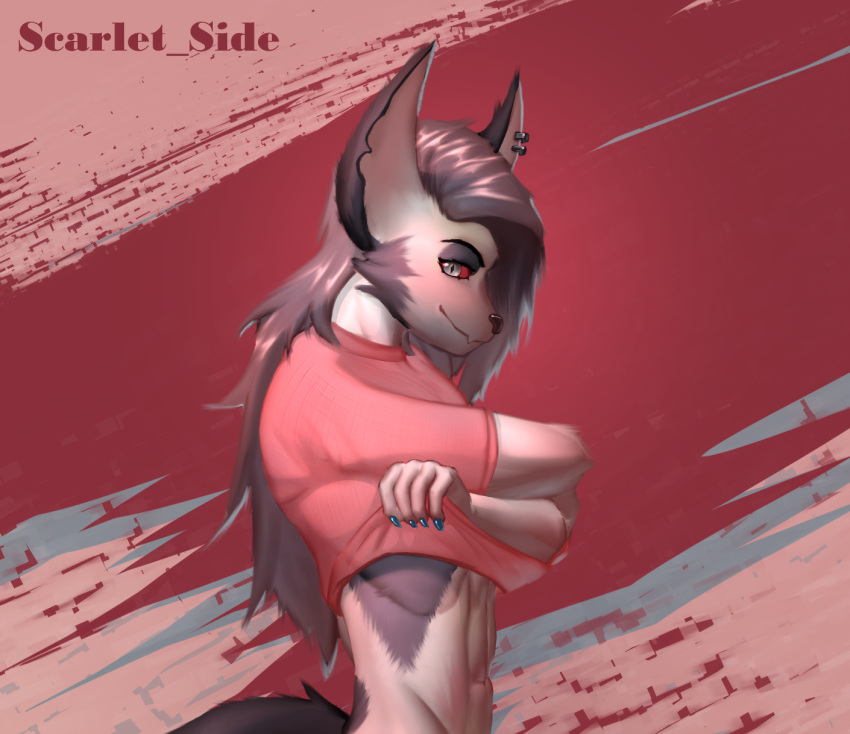 2022 anthro blue_nails canid canid_demon canine clothing colored_nails crossgender demon digital_media_(artwork) fur hair hellhound helluva_boss hi_res looking_at_viewer loona_(helluva_boss) male mammal nails piercing red_sclera scarlet_side shirt simple_background smile solo t-shirt topwear white_body white_eyes white_fur