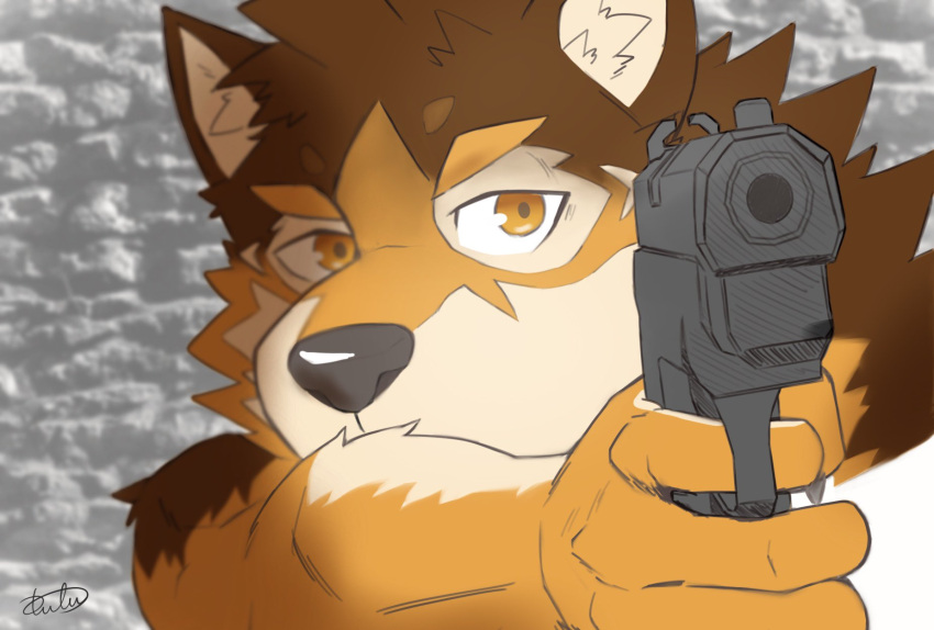 aiming_at_viewer anthro barrel_(live-a-hero) brown_body brown_fur canid canine canis fur gun handgun hi_res lifewonders live-a-hero male mammal pistol ranged_weapon solo video_games weapon wolf zenon_s2017