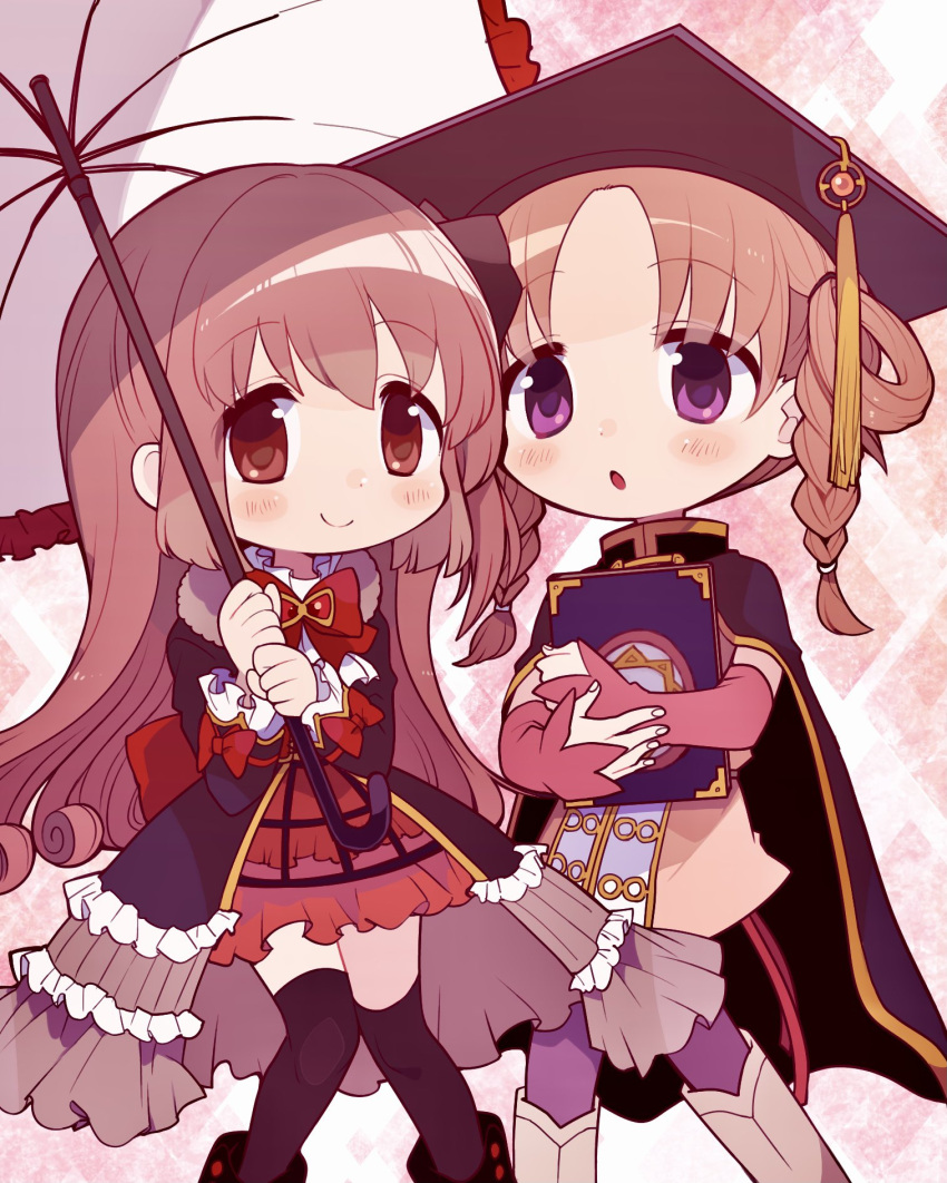 2girls :o bangs black_bow black_cape black_footwear black_jacket blush book boots bow bowtie braid brown_eyes brown_hair cape closed_mouth collar detached_sleeves dot_nose dress feet_out_of_frame frilled_collar frilled_sleeves frills gem grey_footwear hair_bow hair_rings hat highres hiiragi_nemu holding holding_book holding_umbrella igashira_ganka jacket long_hair long_sleeves looking_at_viewer magia_record:_mahou_shoujo_madoka_magica_gaiden magical_girl mahou_shoujo_madoka_magica medium_hair mortarboard multiple_girls one_side_up open_mouth orange_dress orange_gemstone pantyhose parted_bangs petticoat pink_background purple_eyes purple_pantyhose purple_sleeves red_bow red_gemstone red_skirt satomi_touka shirt short_dress sidelocks simple_background skirt smile swept_bangs twin_braids umbrella very_long_hair white_shirt zettai_ryouiki