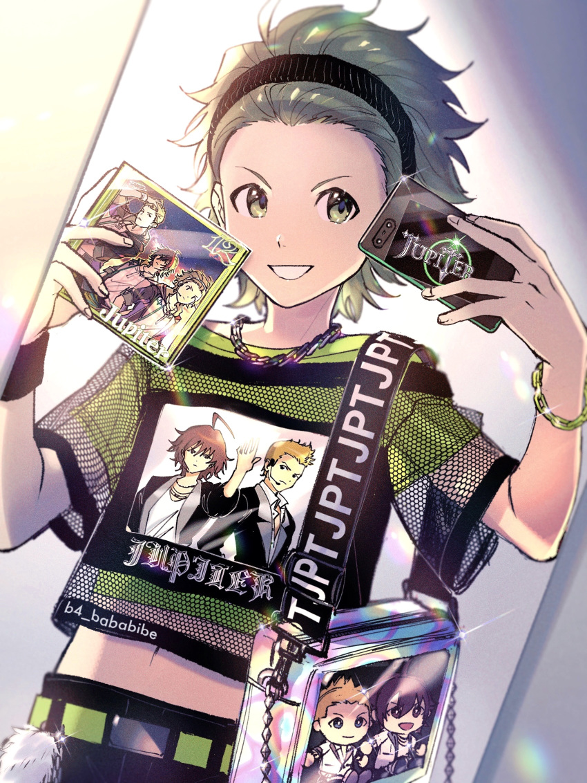 1boy ahoge album_cover amagase_touma artist_name b4_bababibe bracelet cd_case cellphone character_print cover fingernails fishnet_shirt green_eyes green_hair green_shirt highres holding holding_phone idolmaster idolmaster_(classic) idolmaster_2 idolmaster_side-m ijuuin_hokuto jewelry jupiter_(idolmaster) male_focus midriff mirror mitarai_shouta navel phone see-through see-through_shirt selfie shirt short_sleeves smartphone smile