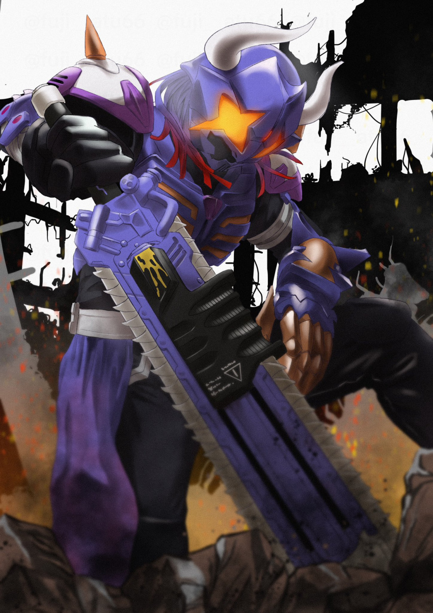 1boy atu_(fuji_atu66) black_bodysuit black_footwear black_gloves bodysuit boots buffalo building bull chainsaw claw_(weapon) commentary_request cowboy_shot gloves gradient_hair highres horns kamen_rider kamen_rider_buffa kamen_rider_geats_(series) landing long_hair male_focus multicolored_hair planted planted_sword purple_hair purple_scarf red_hair reverse_grip scarf shoulder_spikes spikes sword tokusatsu weapon white_background wreckage zombie_breaker zombie_buckle