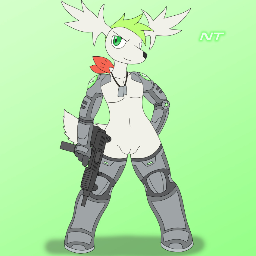 1:1 andromorph anthro antlers confident cybernetic_arm cybernetic_leg cybernetic_limb cybernetics cyborg dog_tags fan_character flat_chested generation_4_pokemon genitals green_eyes gun hair head_tuft hi_res holding_gun holding_object holding_weapon horn intersex intersex/male jewelry legendary_pokemon looking_at_viewer machine male necklace ninjatreecko nintendo nude pokemon pokemon_(species) pokemorph pussy ranged_weapon shaymin simple_background sky_forme_shaymin solo submachine_gun trigger_discipline tuft video_games weapon white_body