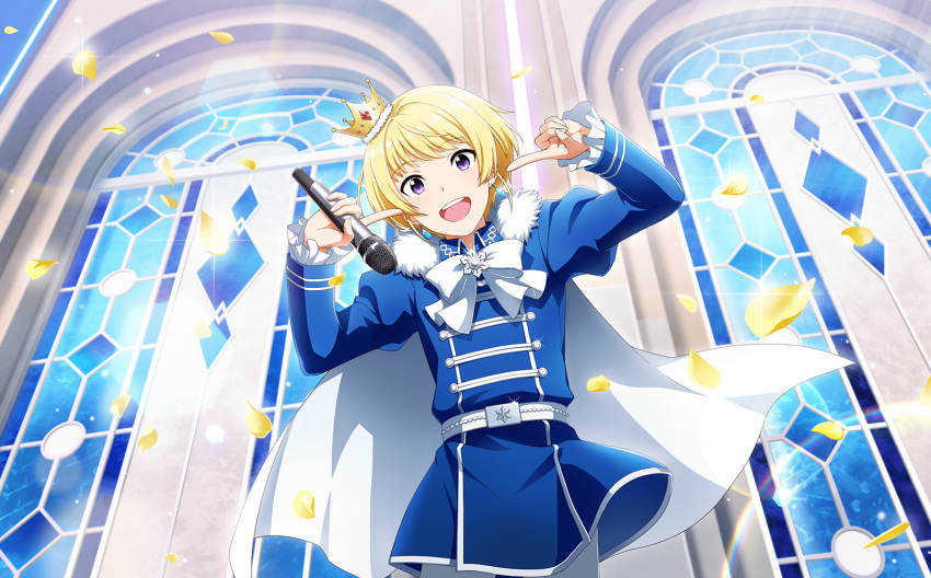 1boy bangs blonde_hair cape crown earrings fingernails frilled_sleeves frills highres holding holding_microphone idolmaster idolmaster_side-m idolmaster_side-m_live_on_stage! jewelry long_sleeves looking_at_viewer male_focus microphone mini_crown official_art open_mouth pierre_bichelberger purple_eyes smile solo teeth third-party_source upper_teeth white_cape