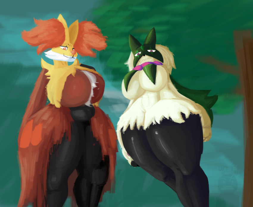 and anthro big_breasts breasts butt delphox doc002 duo female female/female generation_6_pokemon generation_9_pokemon hi_res humanoid make meowscarada nintendo pokemon pokemon_(species) slightly_chubby video_games wide_hips