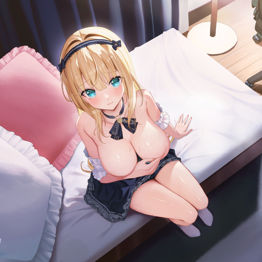 1girl absurdres aqua_eyes bangs bare_shoulders blonde_hair blunt_bangs blush bow bowtie breast_hold breasts clothes_pull covering_nipples dress dress_pull embarrassed fingernails frilled_dress frills full_body hair_between_eyes hairband highres indoors large_breasts lolita_hairband long_hair looking_at_viewer looking_up no_bra no_shoes non-web_source off-shoulder_dress off_shoulder on_bed original pillow sanada_keisui shiny shiny_skin sitting socks solo sweat white_socks