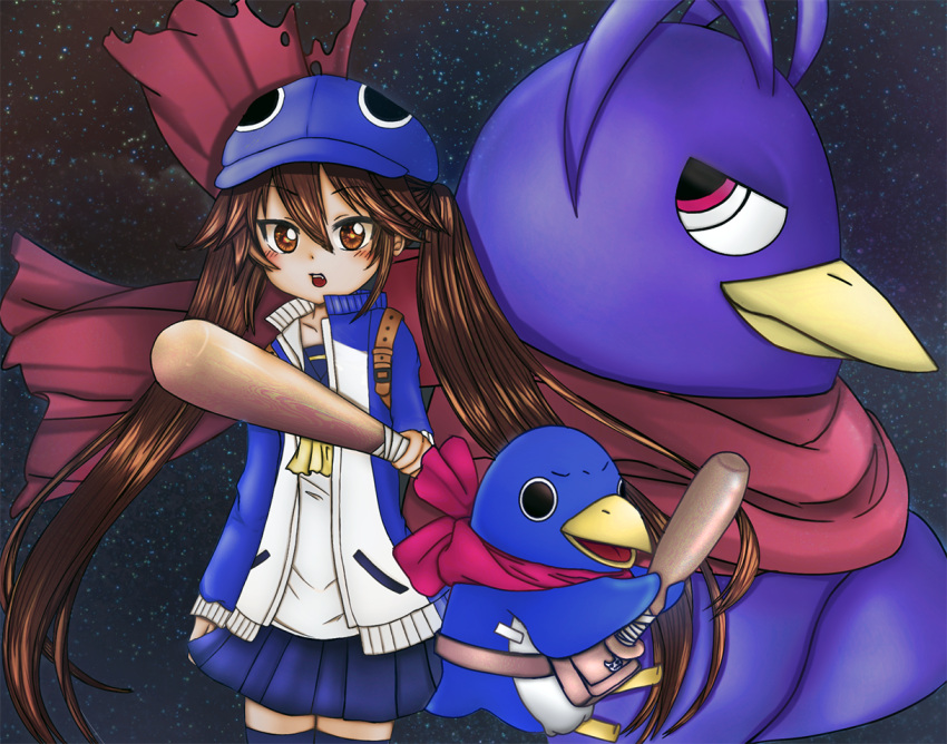 1girl 2boys ascot bandana baseball_bat beak bird black_eyes blue_jacket blue_skirt blue_thighhighs blush brown_eyes brown_hair commentary disgaea hachimitsuneco hat holding holding_baseball_bat jacket kazamatsuri_fuuka laharl_(prinny) long_hair looking_at_viewer multiple_boys open_mouth penguin pleated_skirt prinny profile red_bandana red_eyes red_scarf scarf shirt skirt solid_circle_eyes space strap thighhighs twintails very_long_hair white_shirt yellow_ascot