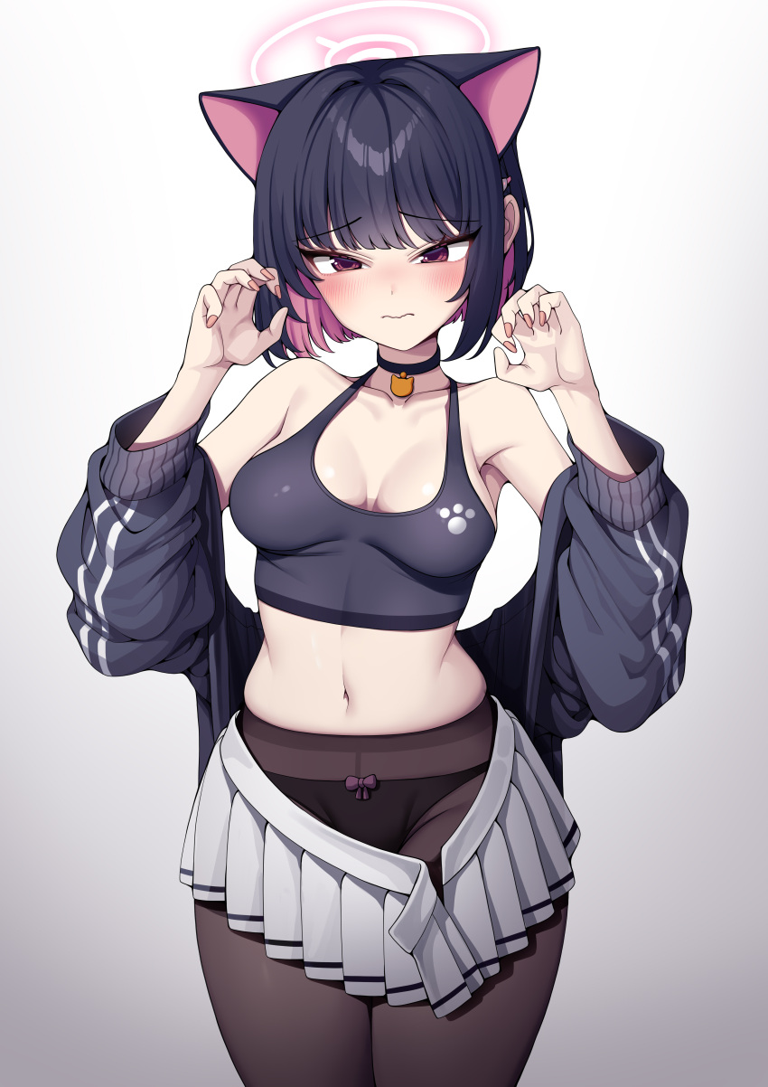 1girl absurdres animal_ears bangs black_hair black_jacket black_panties black_shirt blue_archive blush bow bow_panties breasts breasts_apart brown_pantyhose cat_ears claw_pose closed_mouth collarbone colored_inner_hair cowboy_shot crop_top english_commentary extra_ears gradient gradient_background groin halo halterneck hands_up highres jacket kazusa_(blue_archive) looking_at_viewer medium_breasts metaljelly midriff miniskirt multicolored_hair navel panties panties_under_pantyhose pantyhose pink_eyes pleated_skirt raised_eyebrows shirt short_hair sidelocks skindentation skirt solo tank_top thighband_pantyhose underwear white_skirt