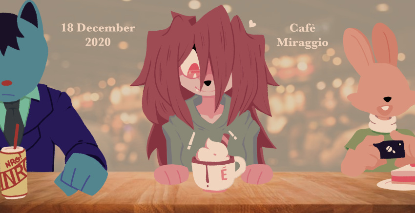 anthro beverage cafe cake clothing coffee coffee_cup comfy container cup cute_eyes dessert energy_drink female food happy hi_res homeless_dog hoodie male nu_pogodi ponporio_(artist) smile suit topwear warm_colors zayats