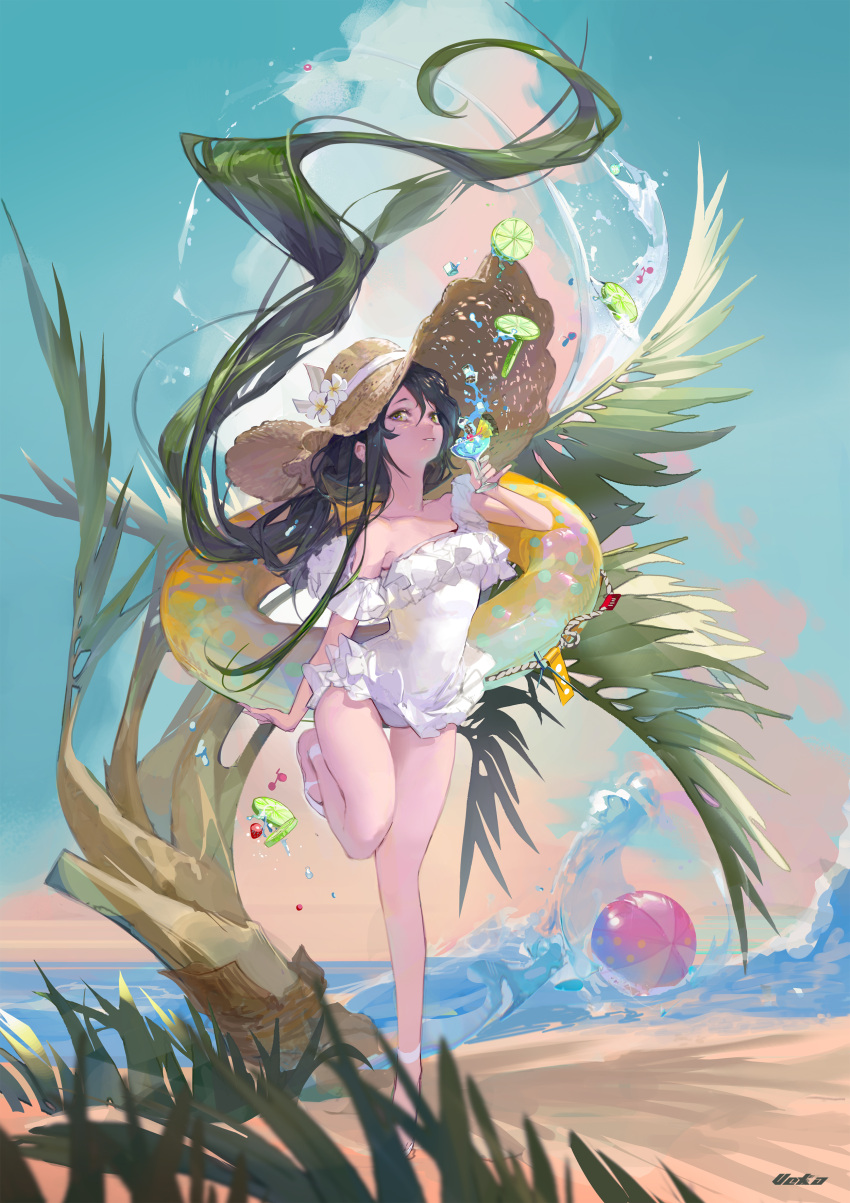 1girl absurdly_long_hair absurdres artist_name ball bangs beachball black_eyes black_hair blue_sky breasts brown_headwear cloud commentary cup dated_commentary day drink english_commentary flower frilled_swimsuit frills full_body hair_between_eyes hand_up hat hat_flower highres holding holding_cup holding_drink leg_up long_hair looking_at_viewer one-piece_swimsuit original outdoors palm_leaf palm_tree parted_lips ponytail sand shore sky small_breasts solo standing standing_on_one_leg straw_hat swimsuit tree very_long_hair vexxxxa water white_flower white_footwear white_one-piece_swimsuit yellow_innertube