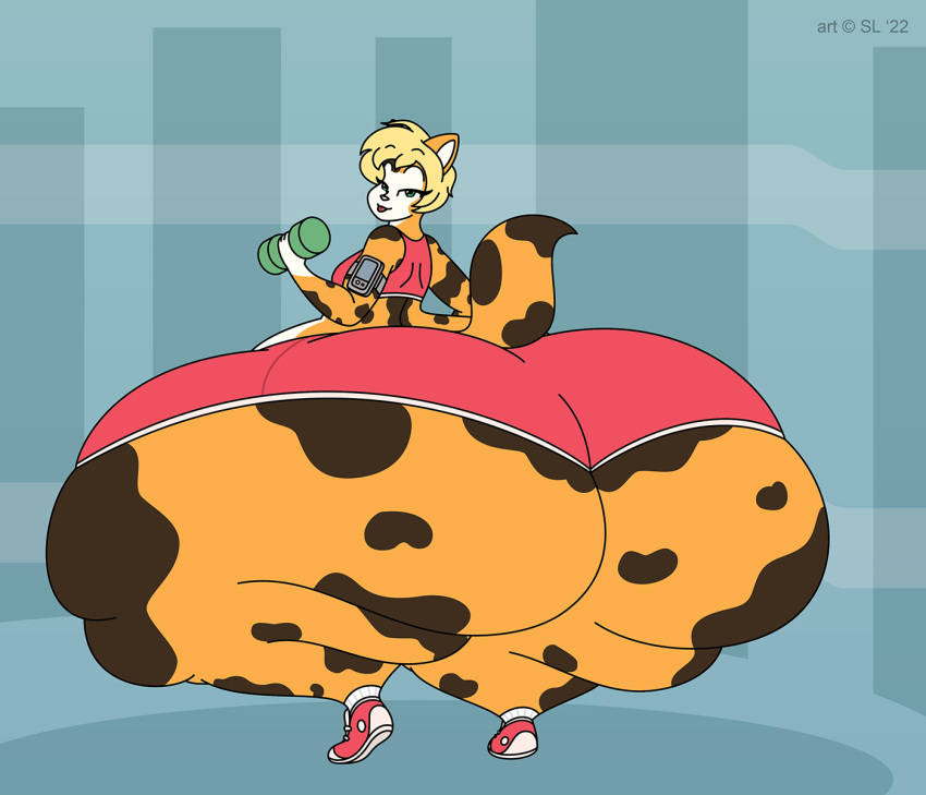&copy; 2022 anthro belly big_butt blonde_hair bottomwear breasts butt calico_cat clothing digital_media_(artwork) domestic_cat felid feline felis female footwear fur green_eyes hair haleigh_(satsumalord) hi_res huge_butt huge_thighs hyper hyper_butt hyper_thighs mammal mottled mottled_body overweight overweight_anthro overweight_female piebald piebald_body satsumalord shoes shorts sneakers socks solo spots spotted_body spotted_fur symbol thick_thighs tongue tongue_out topwear weights white_body white_fur workout_clothing