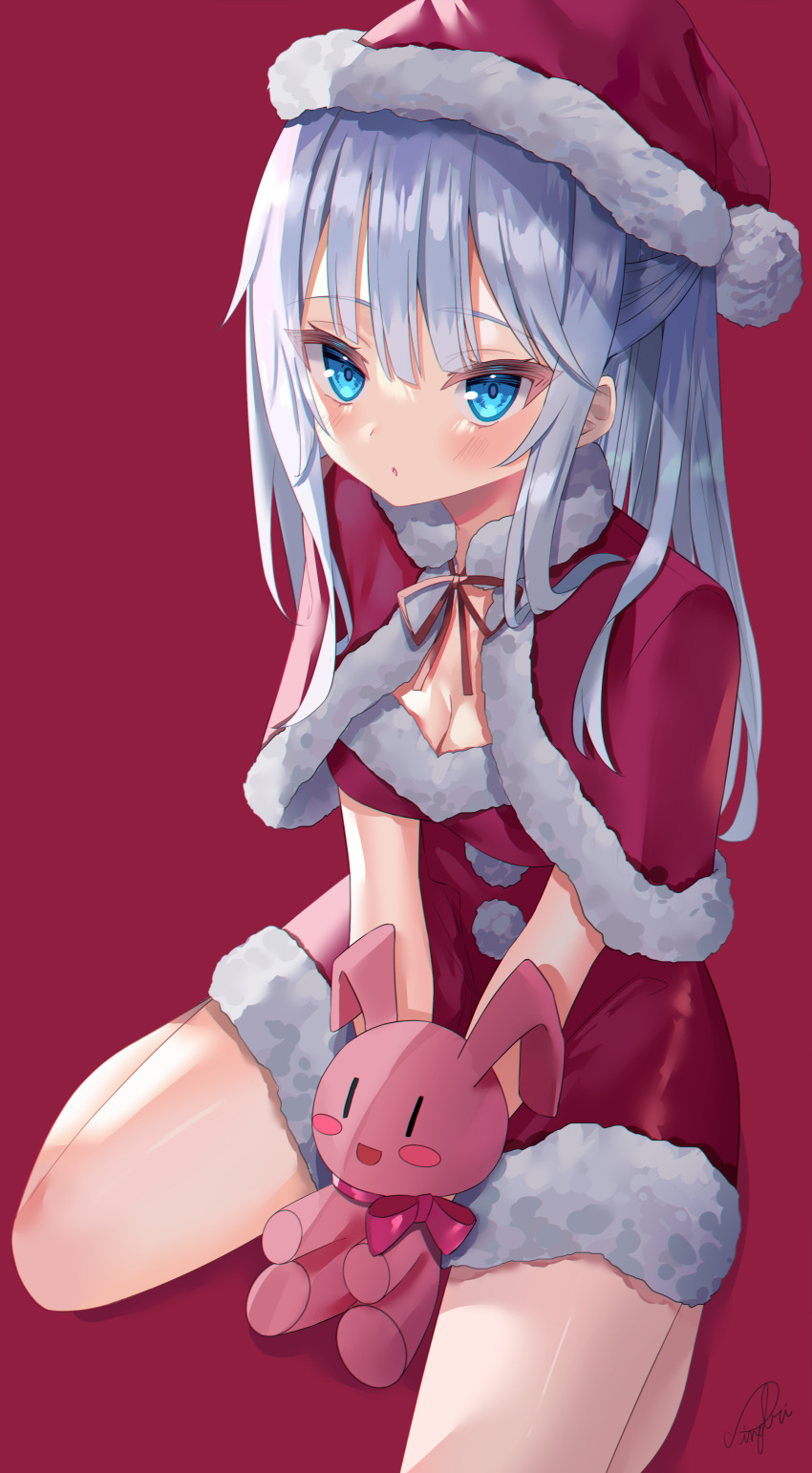 1girl absurdres artist_name bangs blue_eyes breasts capelet cleavage closed_mouth commentary dress fur-trimmed_capelet fur-trimmed_dress fur_trim grey_hair hat highres kneeling long_hair looking_at_viewer medium_breasts original red_background red_capelet red_dress red_headwear santa_dress santa_hat signature simple_background sinobi_illust solo stuffed_animal stuffed_bunny stuffed_toy