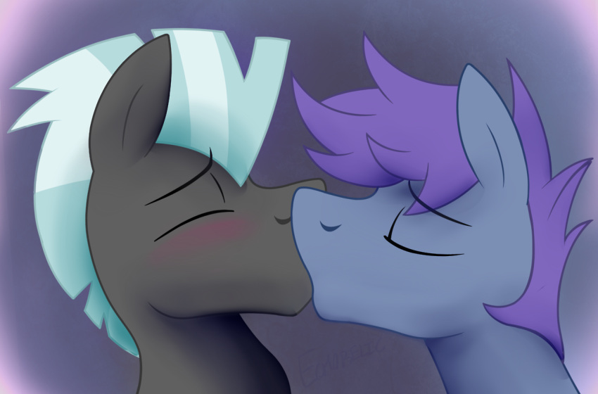 blue_body blue_fur blue_hair blush bust_portrait canon_x_oc dripponi duo equid equine eyes_closed feathered_wings feathers feral friendship_is_magic fur grey_body grey_fur hair hasbro horse kiss_on_lips kissing male male/male mammal mohawk my_little_pony pony portrait purple_hair simple_background thunderlane_(mlp) unsigned windy_dripper wings