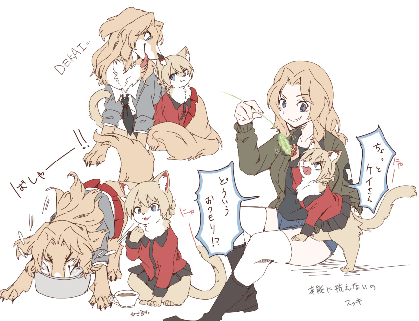 1girl animalization bangs black_footwear black_shirt black_skirt blonde_hair blue_eyes blue_shorts boots braid brown_jacket cat cat_teaser closed_mouth commentary darjeeling_(girls_und_panzer) dog eating emblem fang frown girls_und_panzer hair_intakes hasekura_(hachinochun) highres holding jacket kay_(girls_und_panzer) looking_at_another medium_hair motion_lines open_clothes open_jacket open_mouth pleated_skirt red_jacket romaji_text saunders_military_uniform saunders_school_uniform school_uniform shirt short_hair short_shorts shorts simple_background sitting skirt smile smirk st._gloriana's_military_uniform standing star_(symbol) thighhighs tongue tongue_out white_background white_thighhighs