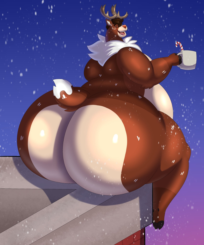 anthro antlers big_butt bottom_heavy brown_body brown_hair bubble_butt butt candy candy_cane capreoline cervid dessert food hair hi_res horn huge_butt hyper hyper_butt male mammal megacoolbear_(artist) night nude overweight overweight_anthro overweight_male reindeer snow solo thick_thighs wide_hips