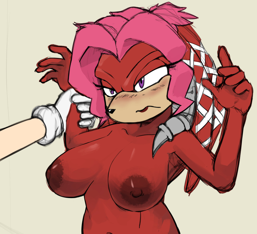 2022 5_fingers absurd_res anthro archie_comics areola big_areola big_breasts big_nipples blush breasts clothing duo echidna edit english_text female fingers gloves hair handwear hi_res lien-da mammal monotreme nipples nude purple_eyes red_body red_hair sega simple_background sin-buttons_(artist) sonic_the_hedgehog_(archie) sonic_the_hedgehog_(comics) sonic_the_hedgehog_(series) text