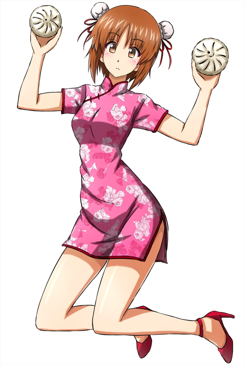 1girl alternate_hairstyle bangs baozi blush brown_eyes brown_hair bun_cover china_dress chinese_clothes closed_mouth commentary double_bun dress floating floral_print food girls_und_panzer hair_bun high_collar high_heels highres holding holding_food legs_up light_frown looking_at_viewer nishizumi_miho omachi_(slabco) pink_dress print_dress red_footwear short_dress short_hair short_sleeves side_slit simple_background solo white_background