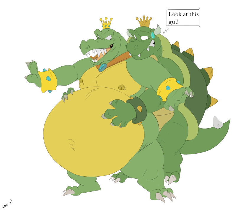 2022 anthro belly big_belly bodily_fluids canson cape claws clothing crocodilian crown donkey_kong_(series) duo fangs grabbing_from_behind green_body green_skin hands_on_belly hi_res horn jewelry king_k._rool king_koopa koopa kremling looking_back male mario_bros mostly_nude navel nintendo nipple_piercing nipples outie_navel overweight pecs piercing plantigrade reptile scalie sharp_teeth shell simple_background spiked_shell spiked_tail spikes spikes_(anatomy) sweat sweatdrop teeth thought_bubble video_games white_background yellow_body yellow_skin