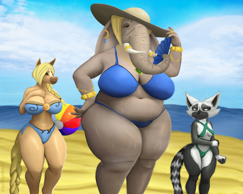 5:4 absurd_res alternate_version_at_source anthro aube_(foretales) ball beach beach_ball belly big_breasts black_body blonde_hair bodily_fluids bracelet braided_hair braided_tail breasts chubby_female clothed clothing coffeewithdicks ear_piercing ear_ring elephant elephantid equid equine eyes_closed female foretales grey_body group hair hand_fan hat headgear headwear hi_res horse inflatable isabeau_(foretales) jewelry lemur looking_away mammal markings mature_female multicolored_body necklace overweight overweight_female piercing primate proboscidean ring_piercing seaside size_difference skimpy skimpy_bikini slim small_breasts strepsirrhine sweat sweaty_legs sweaty_thighs sylvia_(foretales) thick_thighs trio two_tone_body video_games wide_hips