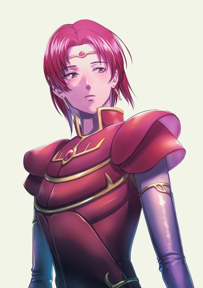 1girl aduti_momoyama armor chest_jewel circlet closed_mouth earrings elbow_gloves fire_emblem fire_emblem:_the_binding_blade frown gem gloves hair_intakes highres jewelry looking_to_the_side melady_(fire_emblem) pauldrons pink_eyes pink_gemstone pink_hair red_armor red_gemstone short_hair shoulder_armor simple_background solo white_background white_gloves