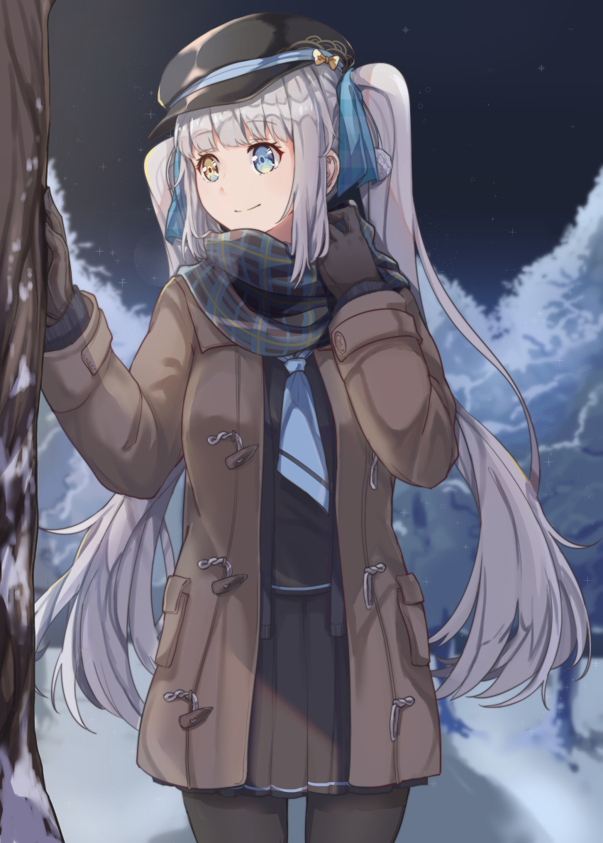 1girl absurdres bangs black_gloves black_headwear black_jacket black_pantyhose black_scarf black_shirt black_skirt blue_eyes brown_coat brown_eyes closed_mouth coat commentary_request gloves grey_hair hands_up hat heterochromia highres jacket kagura_gumi kagura_mea long_hair long_sleeves looking_away looking_to_the_side night night_sky open_clothes open_coat outdoors pantyhose peaked_cap plaid plaid_scarf pleated_skirt scarf shirt skirt sky smile snow solo tree twintails very_long_hair virtual_youtuber xuu_shi_times