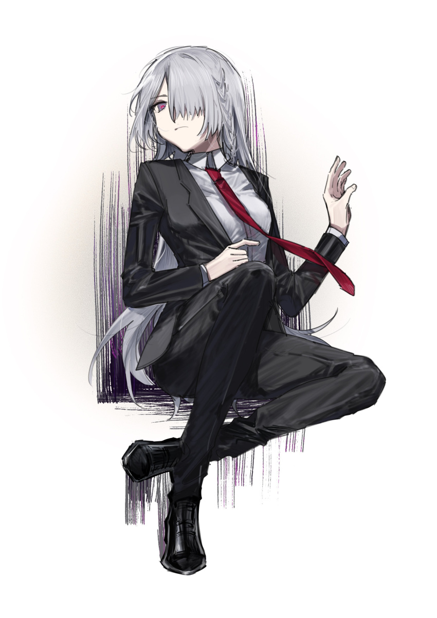 1girl absurdres ak-15_(girls'_frontline) alternate_costume arm_up artificial_eye artist_name bangs black_footwear black_jacket black_pants blueblossom braid breasts business_suit closed_mouth defy_(girls'_frontline) formal full_body girls'_frontline grey_hair hair_over_one_eye highres jacket knee_up long_hair long_sleeves looking_at_viewer mechanical_eye medium_breasts necktie official_style open_clothes open_jacket pants purple_eyes red_necktie shirt shoes sitting solo suit white_background white_shirt