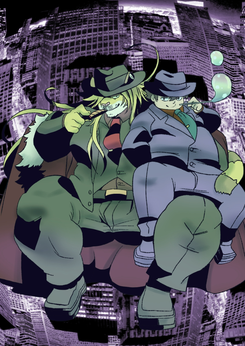 anthro chubby_protagonist_(tas) clothing duo felid gangster hat headgear headwear hi_res human kusarikakemono lifewonders macan_(tas) male male/male mammal muscular muscular_anthro muscular_male necktie on_lap pantherine protagonist_(tas) size_difference slightly_chubby suit tiger tokyo_afterschool_summoners video_games