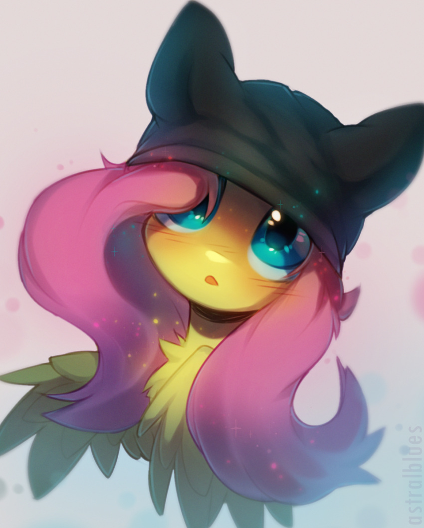 astralblues blue_eyes blush chest_tuft clothing equid equine feathers female feral fluttershy_(mlp) friendship_is_magic fur hair hasbro hat headgear headwear hi_res long_hair looking_up mammal my_little_pony open_mouth pegasus pink_hair solo tuft wings yellow_body yellow_feathers yellow_fur